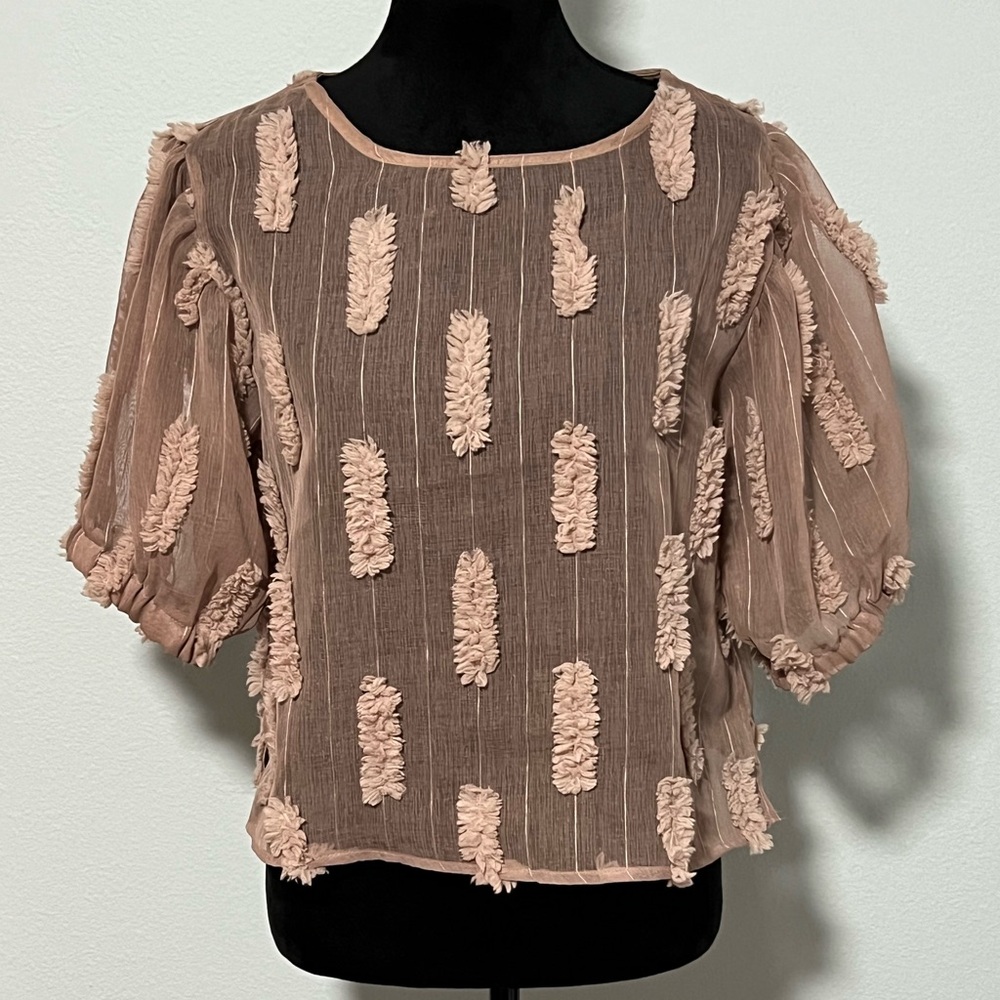 YUNI Los Angeles  Textured Puff Sleeve Sheer Top - S